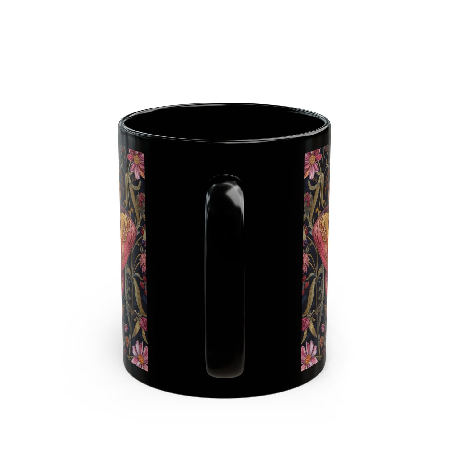 William Morris Inspired Botanical Pink Rosy Maple Moth Black Mug 11oz, 15 oz