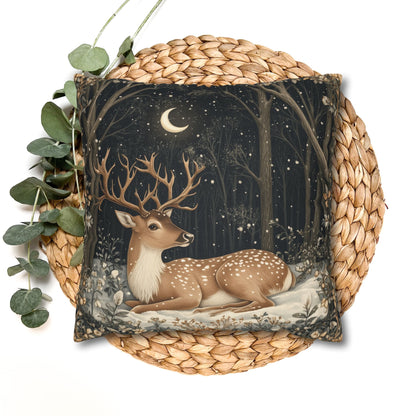 Winter Night Deer Throw Pillowcase, Crescent Moon Woodland Decorative Pillow