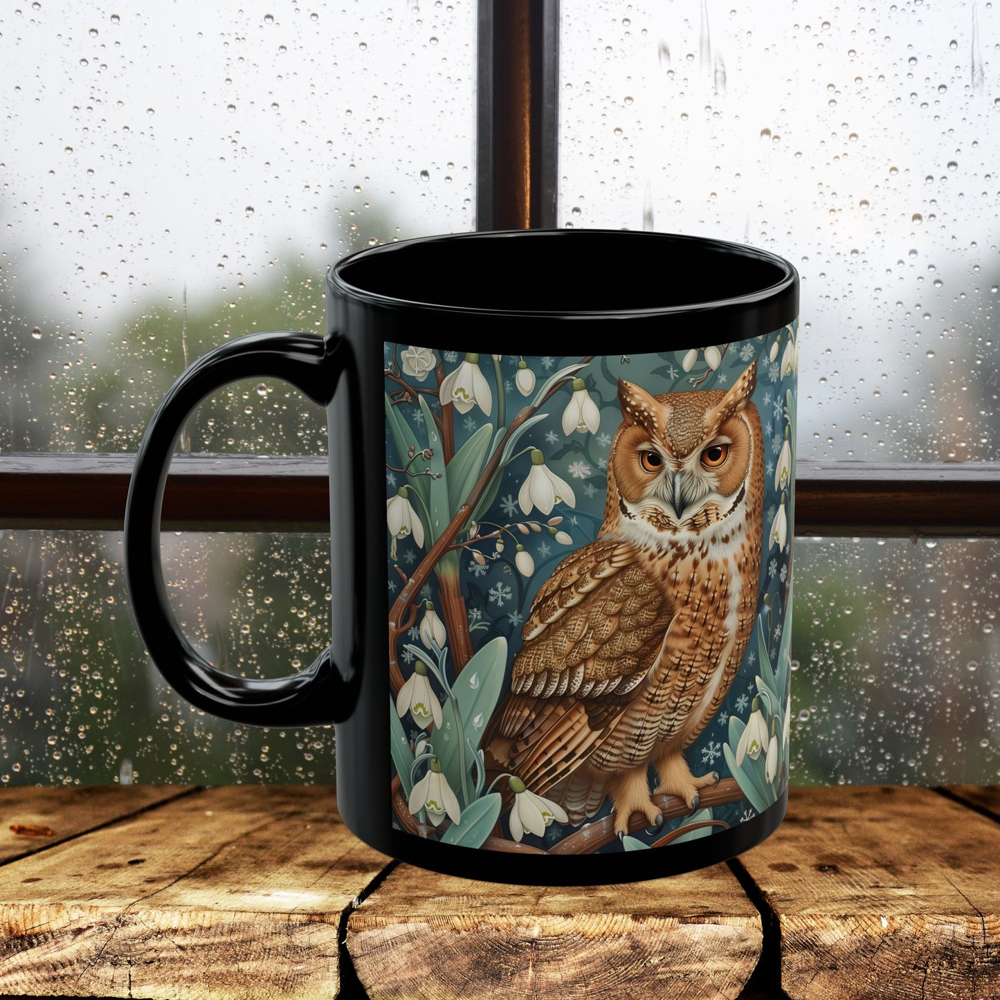 Whimsical Owl Snowdrop Floral Black Mug - Woodland Nature Coffee Cup, Forest Animal Art Gift, Cozy Rustic Drinkware