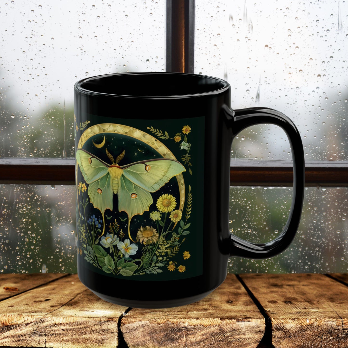 William Morris Inspired Luna Moth Crescent Moon Black Coffee Mug 11oz | Magical Luna Moth Ceramic Black Mug Gift