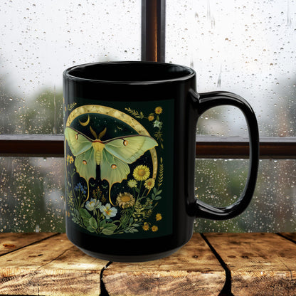 William Morris Inspired Luna Moth Crescent Moon Black Coffee Mug 11oz | Magical Luna Moth Ceramic Black Mug Gift