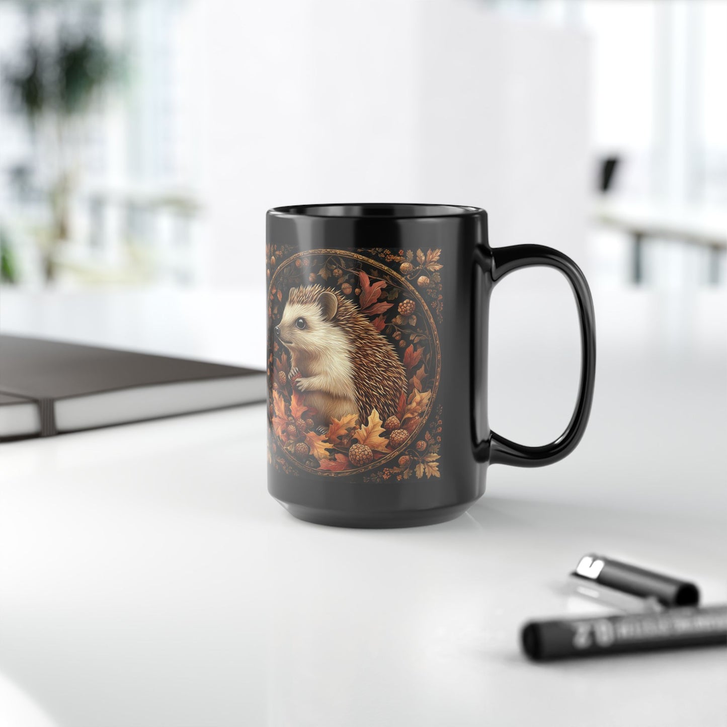 William Morris Inspired Hedgehog Acorns, Fall Vibes Black Coffee Mug For Her Him, Gift for Nature Lover,