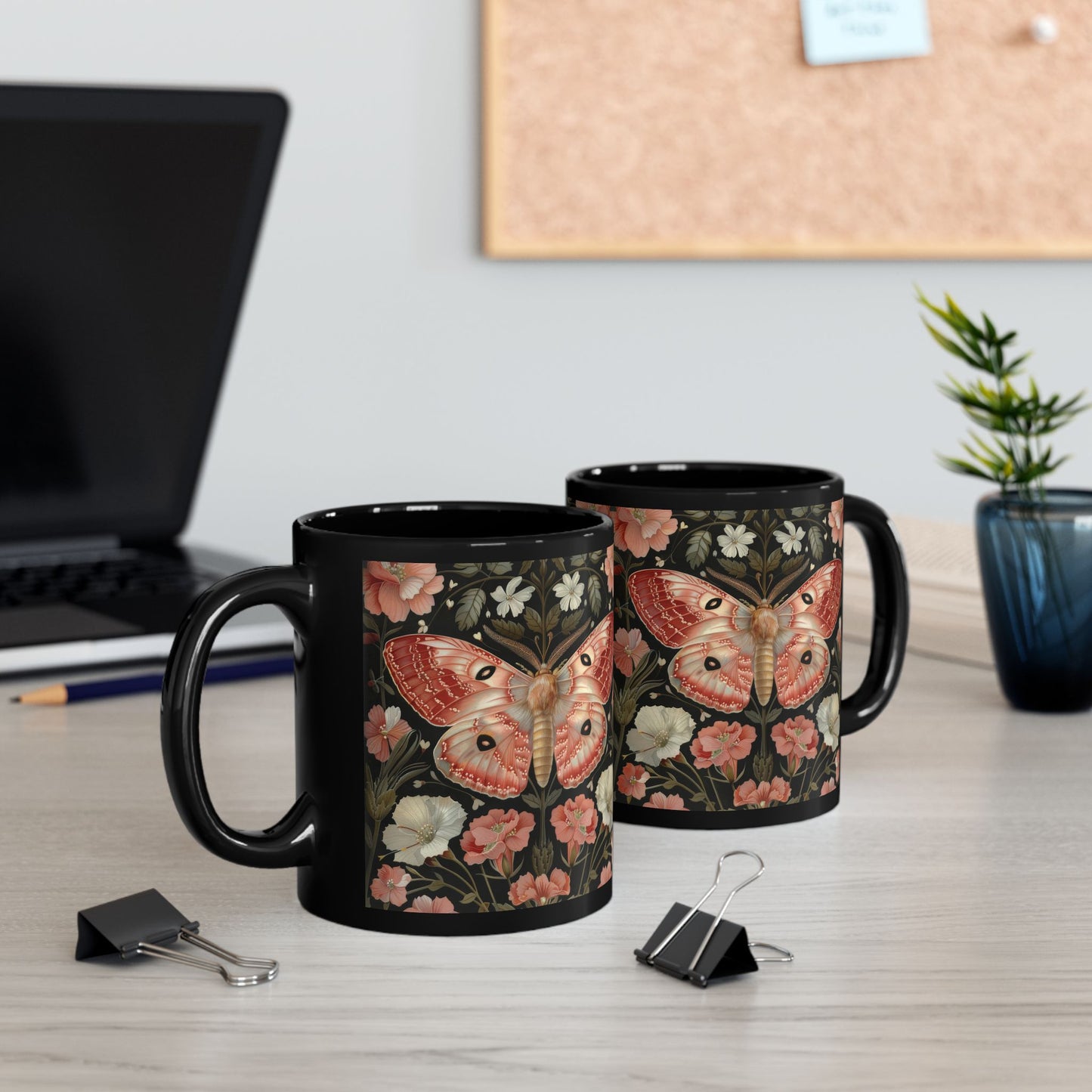 Woodland Pink Primrose Moth William Morris Inspired Black Coffee Mug For Her Him Ceramic Mug Black Mug 11oz, 15oz