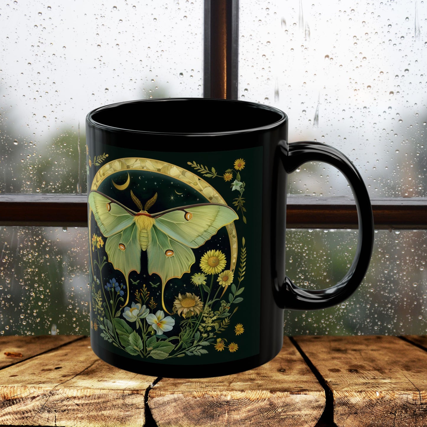 William Morris Inspired Luna Moth Crescent Moon Black Coffee Mug 11oz | Magical Luna Moth Ceramic Black Mug Gift