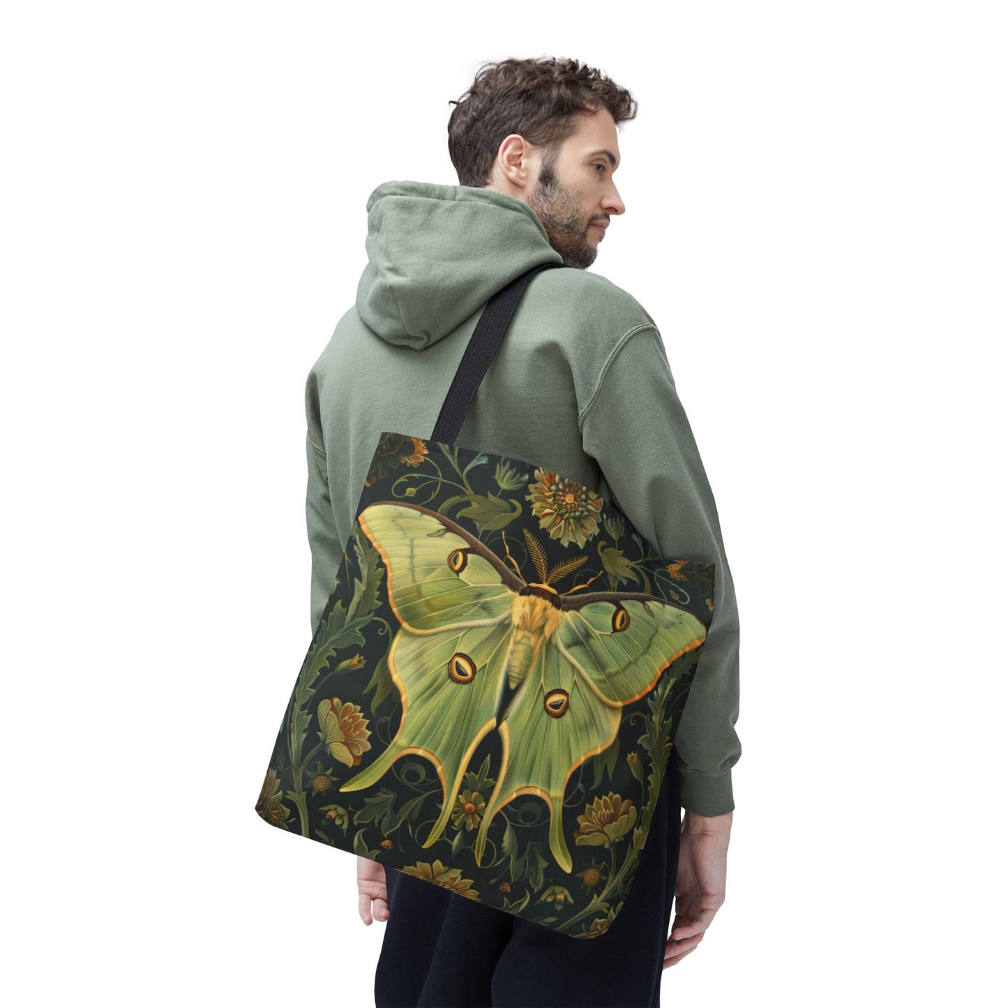 Luna Moth Botanical Tote Bag, William Morris Inspired, Sage Green Nature Bag