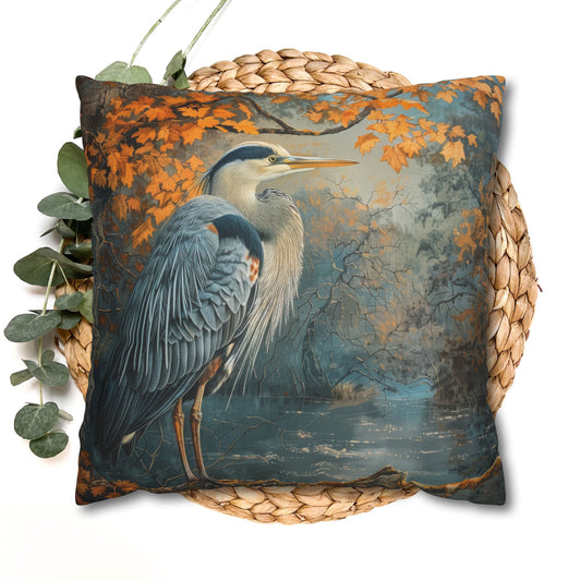 Autumn Heron Throw Pillowcase: Rustic Lake Scene Wildlife Decor