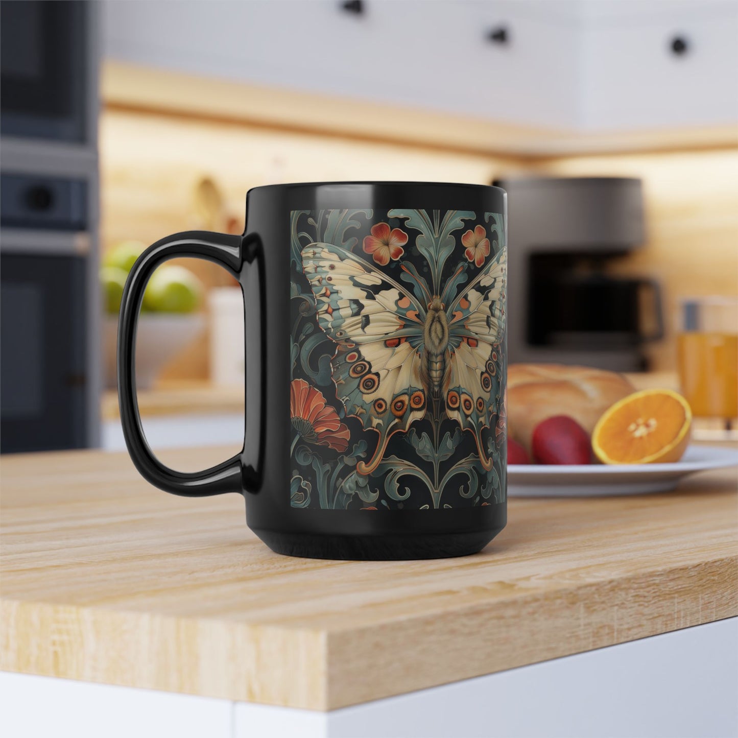 Woodland Botanical Butterfly William Morris Inspired Black Coffee Mug For Her Him Ceramic Mug Black Mug 11oz, 15oz