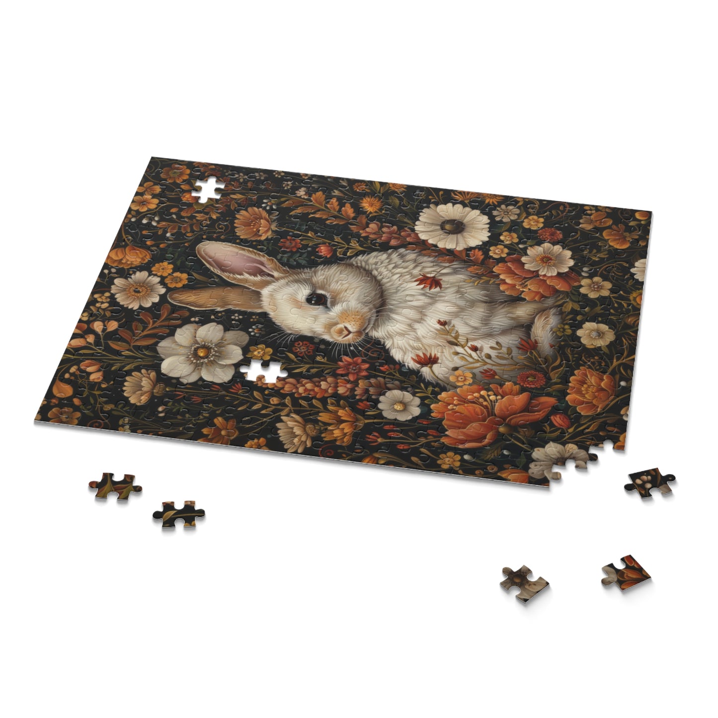 William Morris Inspired Fall Flowers Bunny Jigsaw Puzzle Box Gift (120 252 500-Piece) Mindfulness Activity, Family Fun, Home Decor,