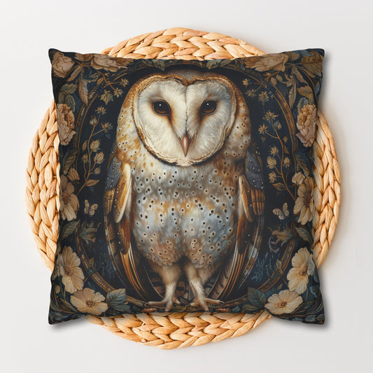 William Morris Inspired, Forest Floral Art, Decorative Barn Owl Spun Polyester Square Pillowcase