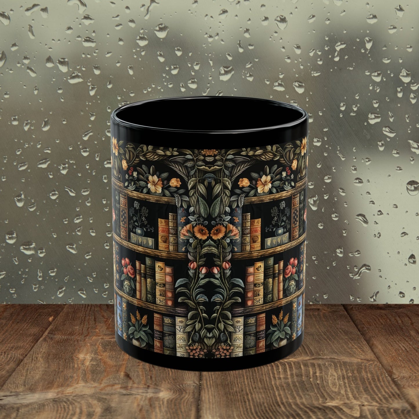 Vintage Bookshelf Mug, William Morris Style Library Black Ceramic Mug, Dark Academia Floral Book Lover Coffee Cup 11oz & 15oz