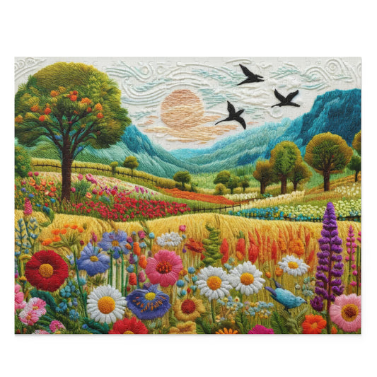 Embroidered Spring Wildflowers Jigsaw Puzzle (120, 252, 500-Piece) Gift-Ready Box, Adult Jigsaw Puzzle