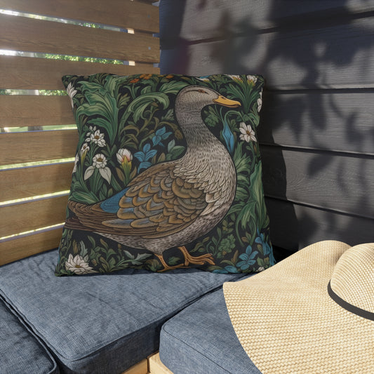 Botanical Duck Outdoor Pillow, Woodland Bird Throw Pillow, Vintage Floral Cushion, Cottagecore Nature Decor, Patio Accent Pillow