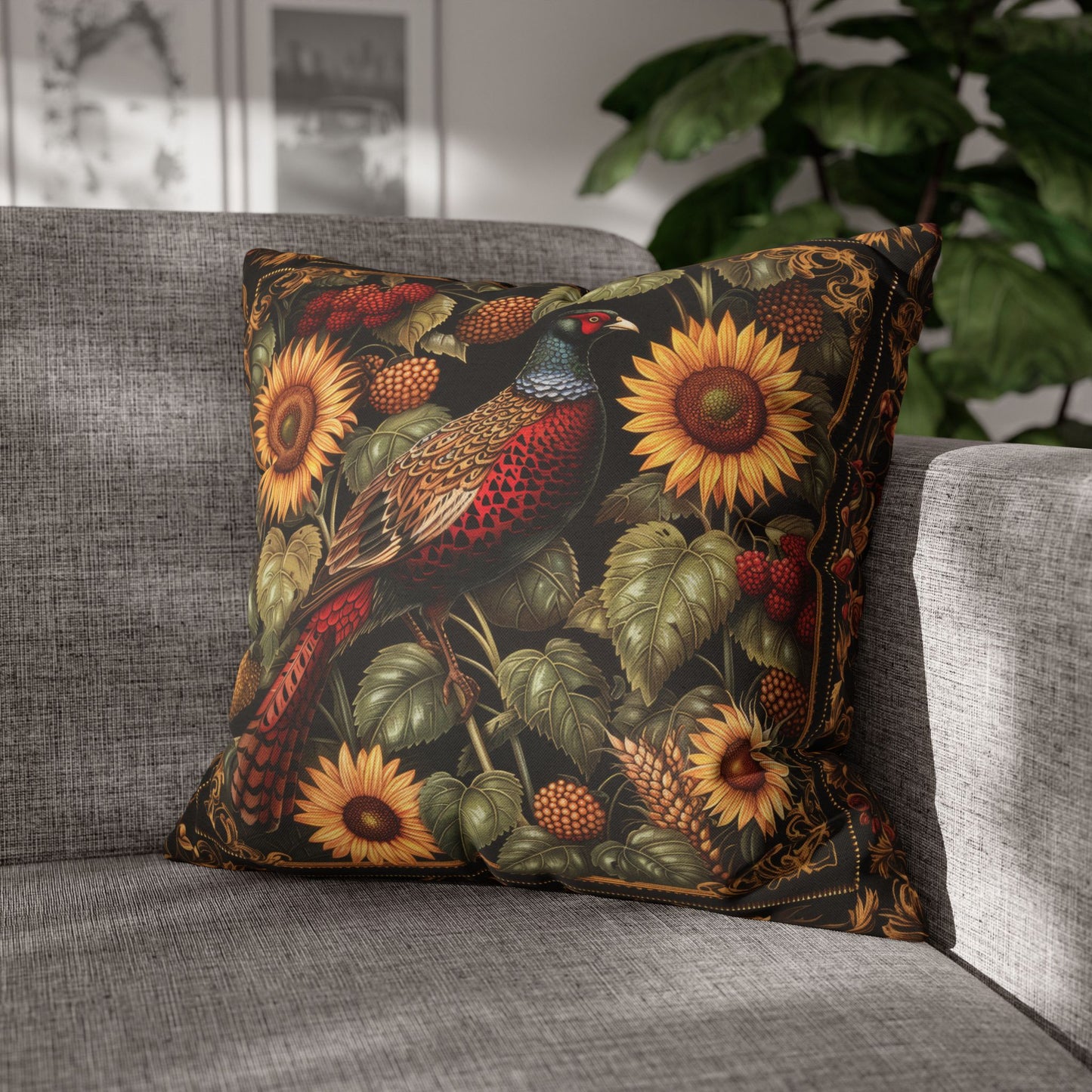 William Morris Inspired Pheasant Sunflowers Art Deco Print Pillowcase