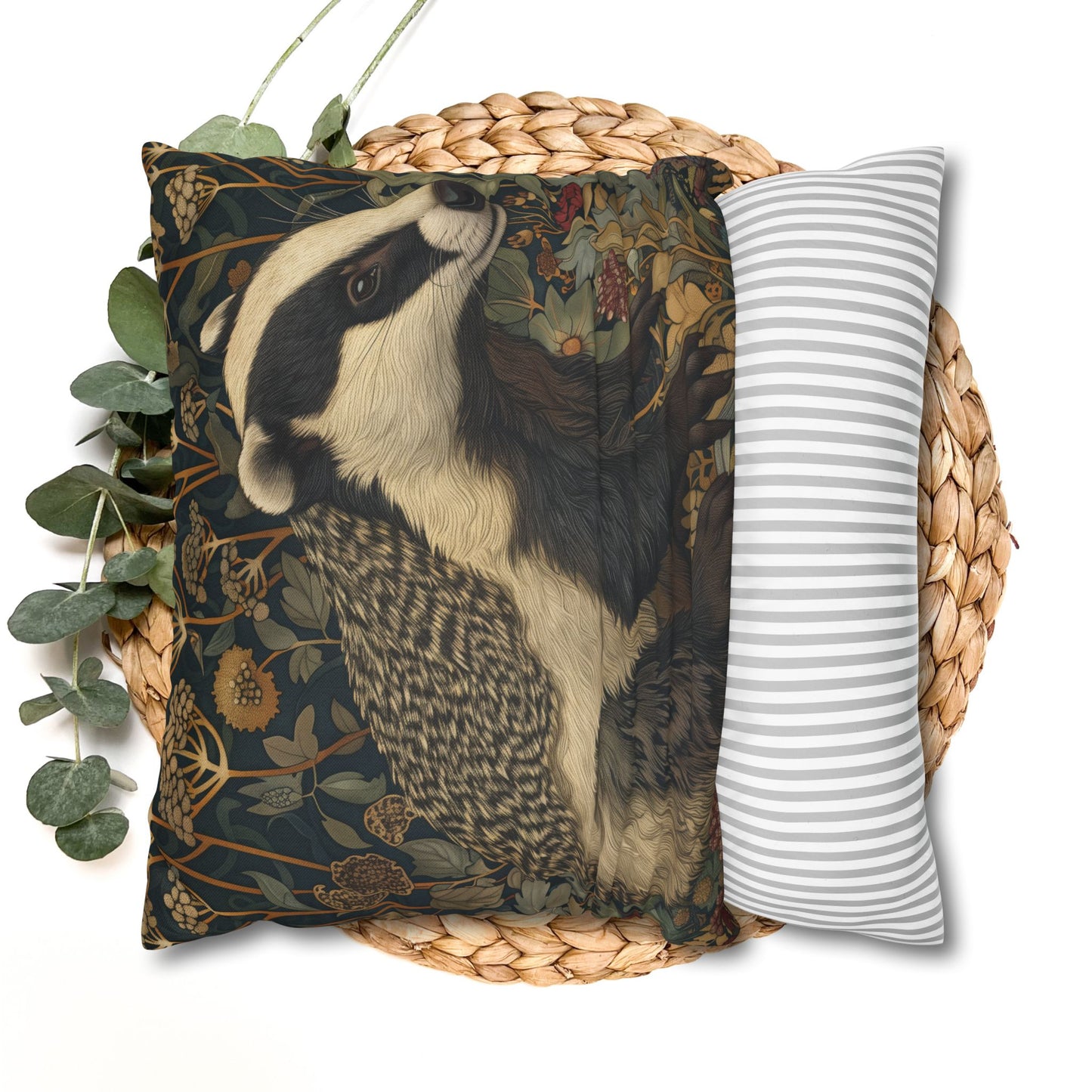 Vintage Badger Botanical Pillowcase, William Morris Inspired Woodland Animal Cushion