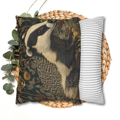 Vintage Badger Botanical Pillowcase, William Morris Inspired Woodland Animal Cushion