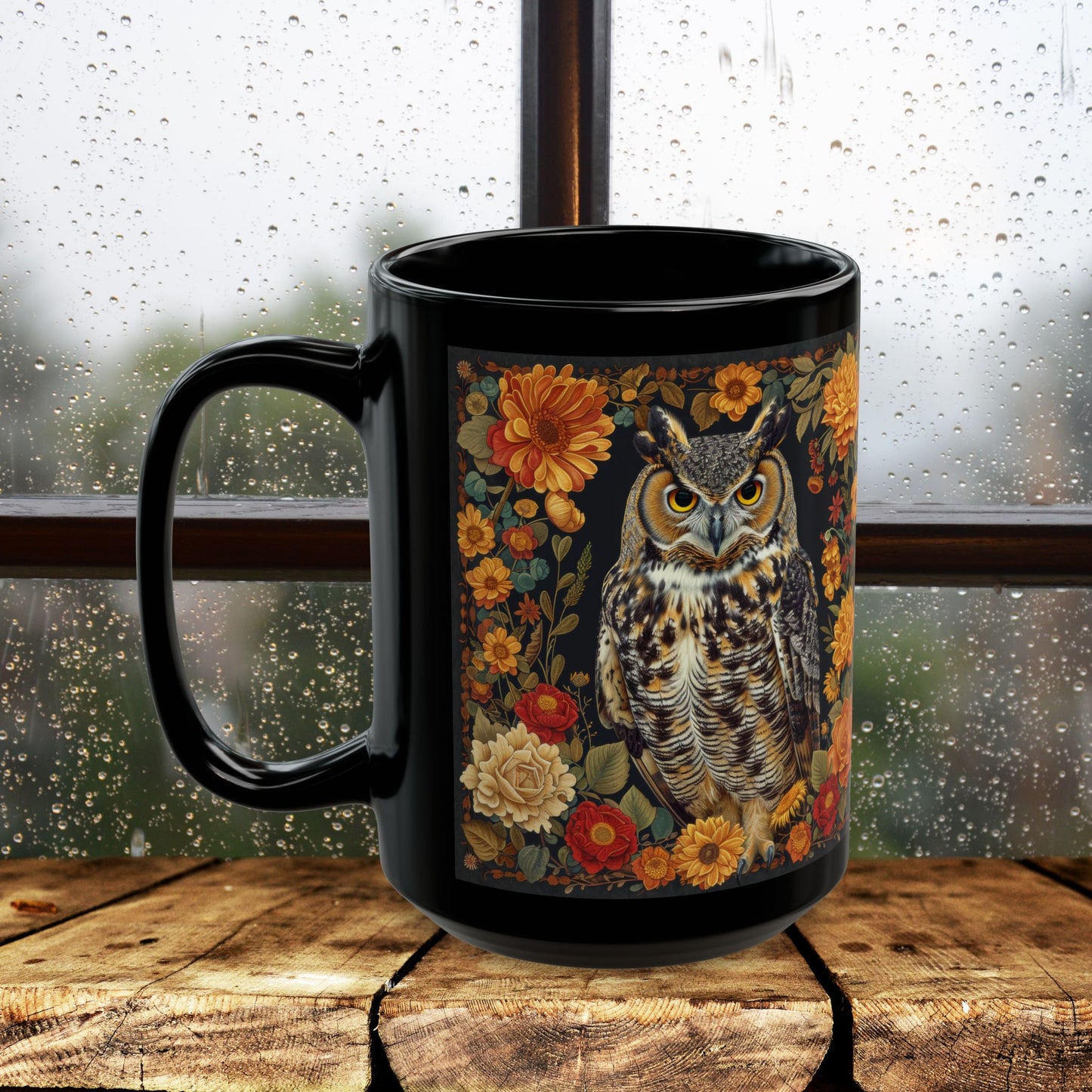 Autumn Great Horned Owl Black Coffee Mug, Fall Floral Wildlife Art, Woodland Animal Coffee Cup, Nature Lover Gift