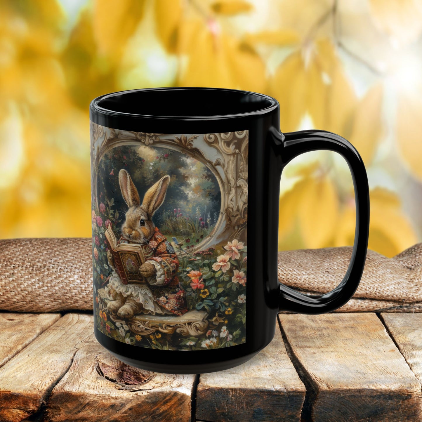 Whimsical Rabbit Black Mug, Easter Bunny Coffee Cup, Floral Decor Coffee Mug, Cute Animal Gift, Morning Tea Mug