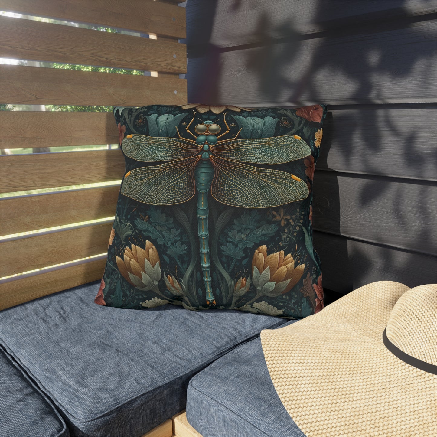 Dragonfly Outdoor Pillow, Botanical Throw Pillow, Insect Nature Cushion, Garden Accent Pillow, Boho Floral Decor, Wildlife Gift, Dragonfly Lover Pillow