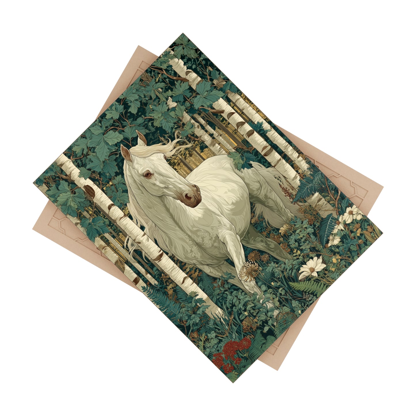 White Horse in Birch Forest Ceramic Tile | William Morris Inspired Woodland Art 6x8 Glossy Decor