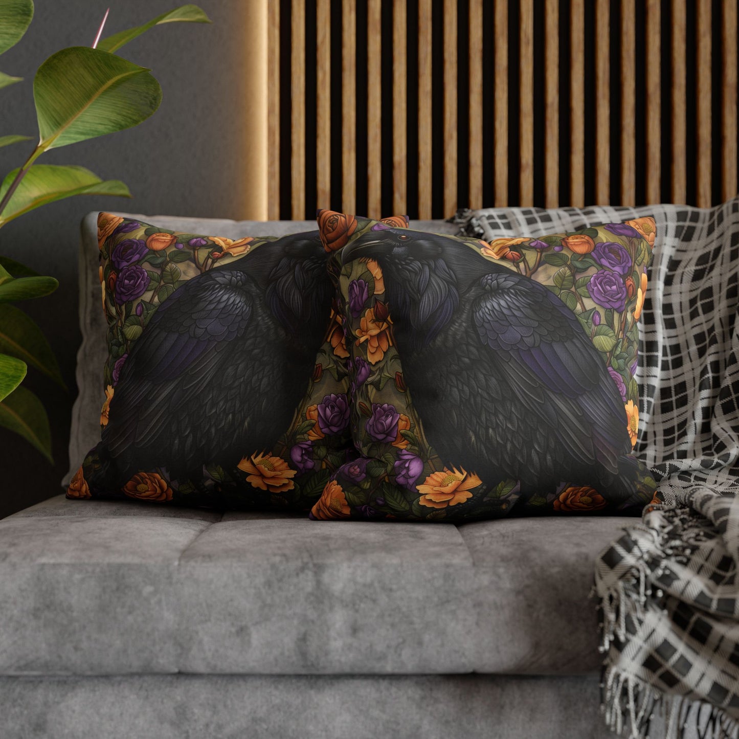 Mystical Raven Halloween Roses Throw Pillowcase, William Morris Inspired Raven Halloween Decor