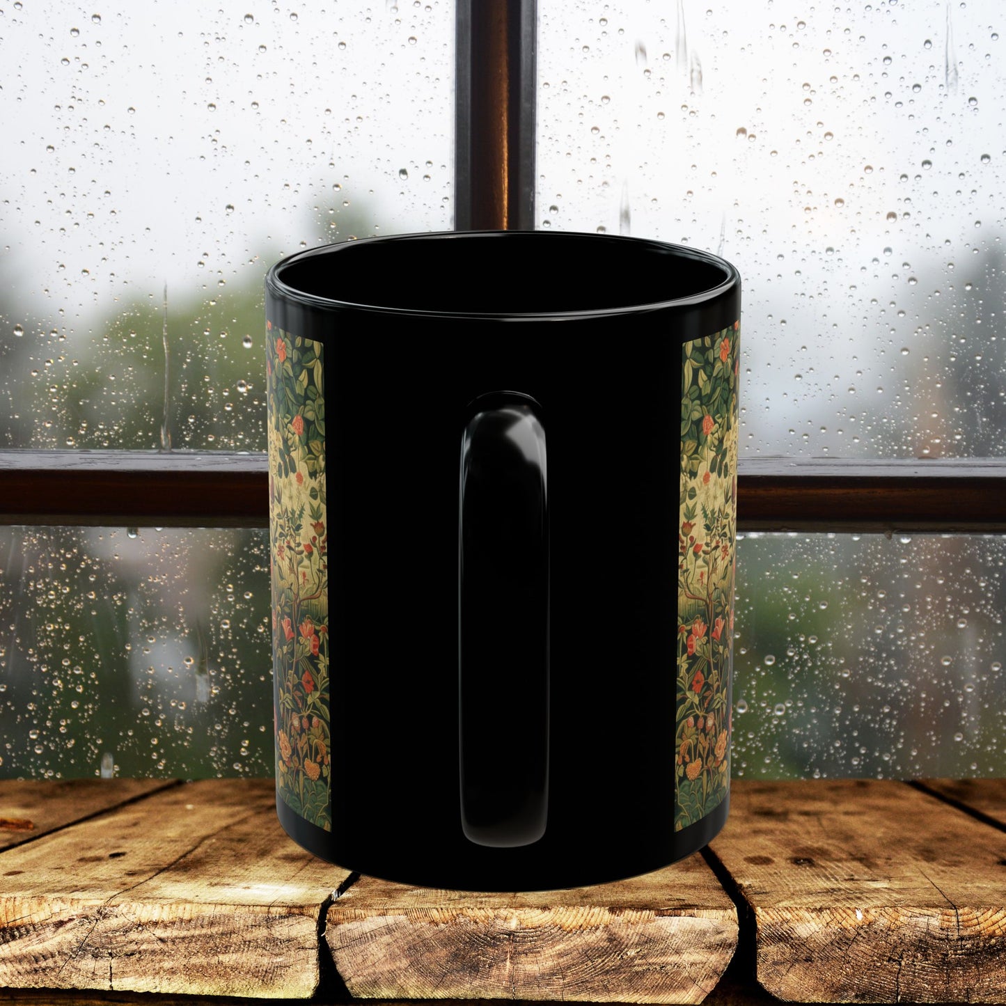 Black Cat Floral Mug, William Morris Style Botanical Cat Coffee Mug, Dark Academia Black Ceramic Mug 11oz & 15oz