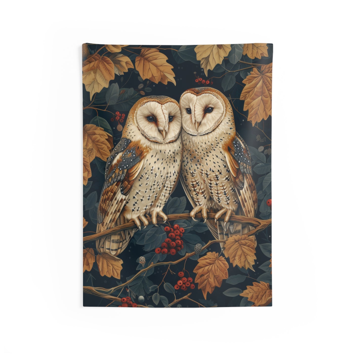 Tapestry of Couple Barn Owl | William Morris Medieval Style Wall Art | Cottagecore Hanging and Home Decor