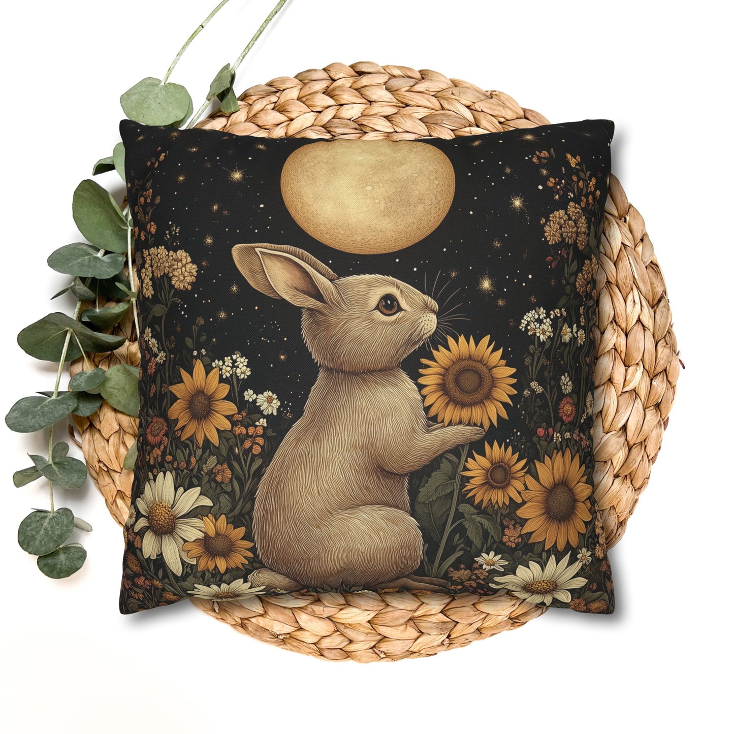 Moonlit Bunny Floral , William Morris Inspired Floral Bunny Pillowcase