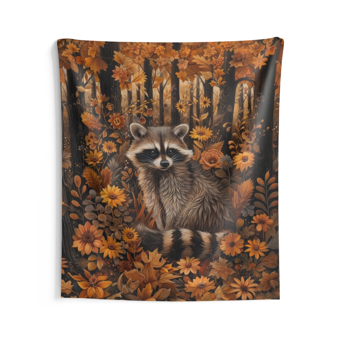 William Morris Inspired Woodland Raccoon Autumn Forest Tapestry Wall Art