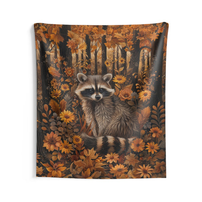 William Morris Inspired Woodland Raccoon Autumn Forest Tapestry Wall Art