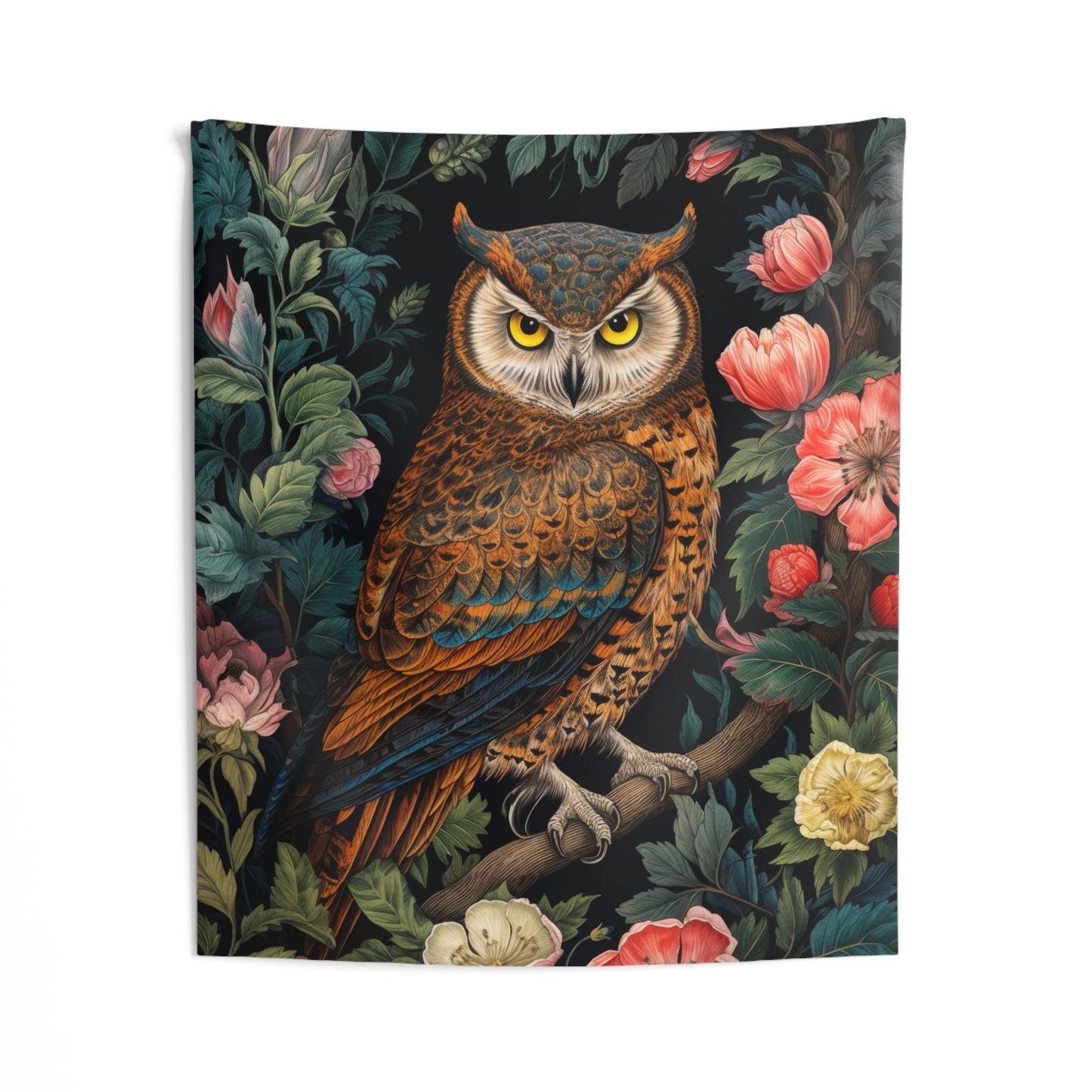 Tapestry of Floral Night Owl | William Morris Medieval Style Wall Art | Cottagecore Hanging and Home Decor