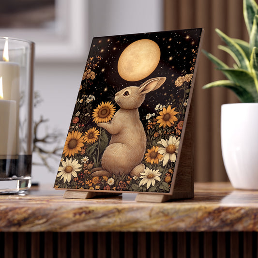 Moonlit Rabbit & Sunflower Ceramic Tile | Celestial Night Bunny Art 6x8 Glossy Decor