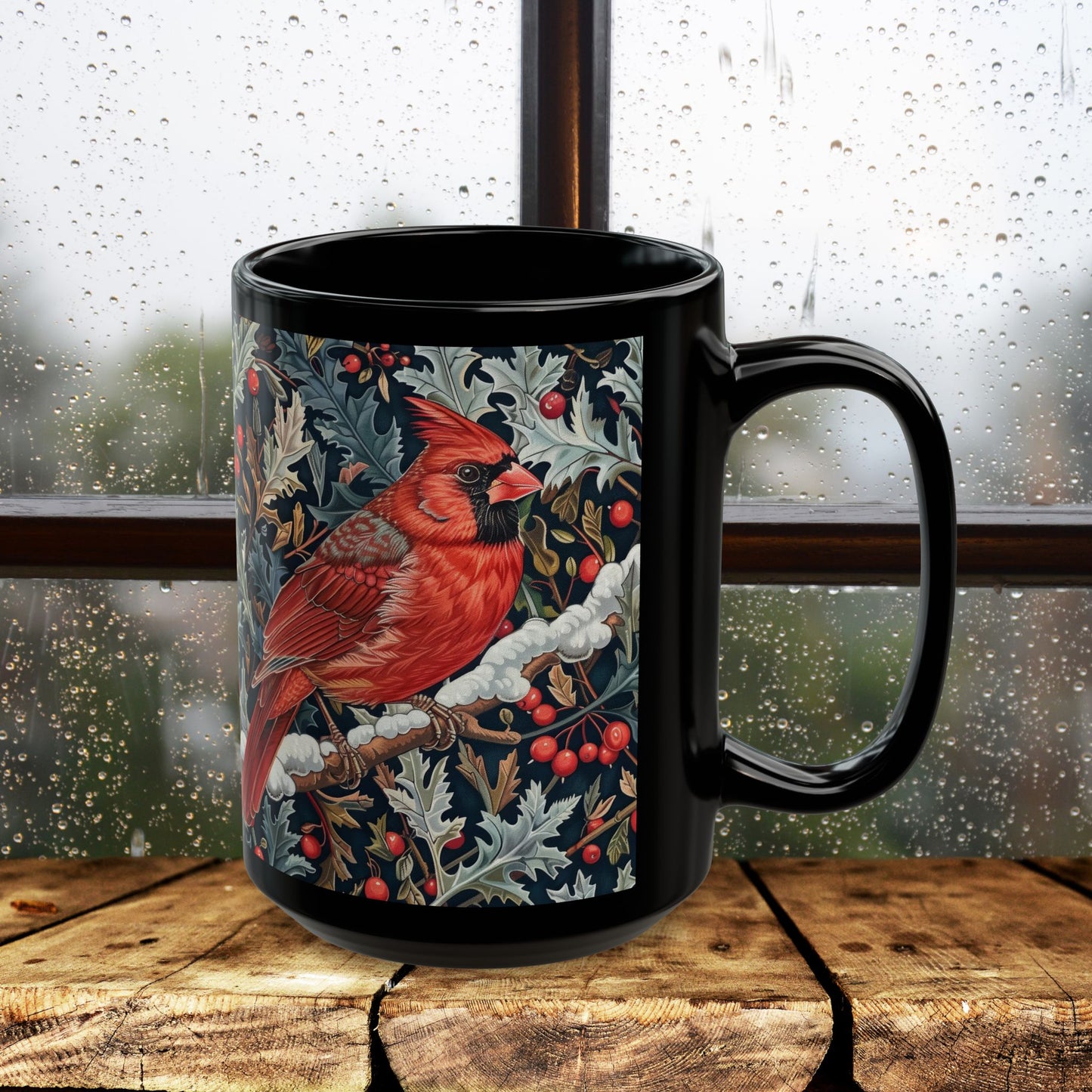 Red Cardinal Among Winter Florals Black Mug (11oz, 15oz)