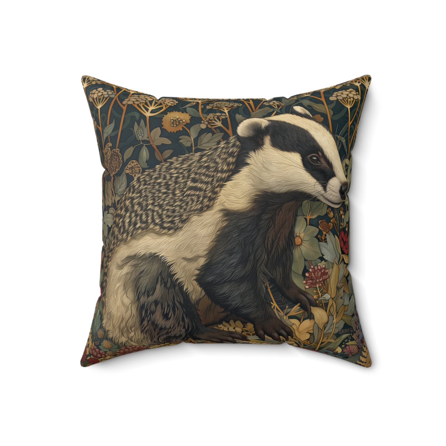 Vintage Badger Botanical Pillow, William Morris Inspired Woodland Animal Cushion
