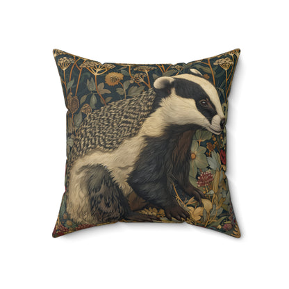 Vintage Badger Botanical Pillow, William Morris Inspired Woodland Animal Cushion
