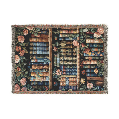 Vintage Bookshelf Woven Blanket, Dark Academia Cotton Throw With Fringe Edges