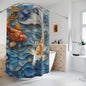 Stained Glass Koi Fishes Blue Wave Polyester Shower Curtain