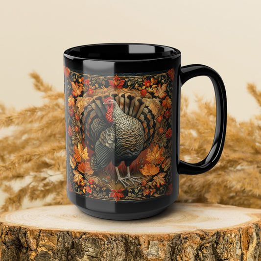 Fall Turkey William Morris Inspired Black Coffee Mug For Her Him Ceramic Mug Black Mug 11oz, 15oz