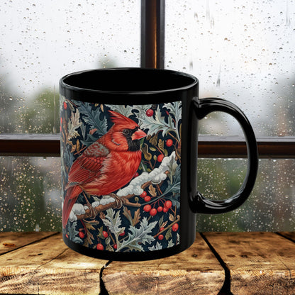 Red Cardinal Among Winter Florals Black Mug (11oz, 15oz)