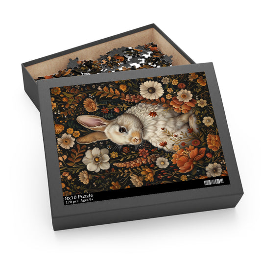 Fall Autumn Rabbit | William Morris Inspired Cottagecore Puzzle Box (120, 252, 500-piece) Family Jigsaw Puzzle, Puzzle Box Gift