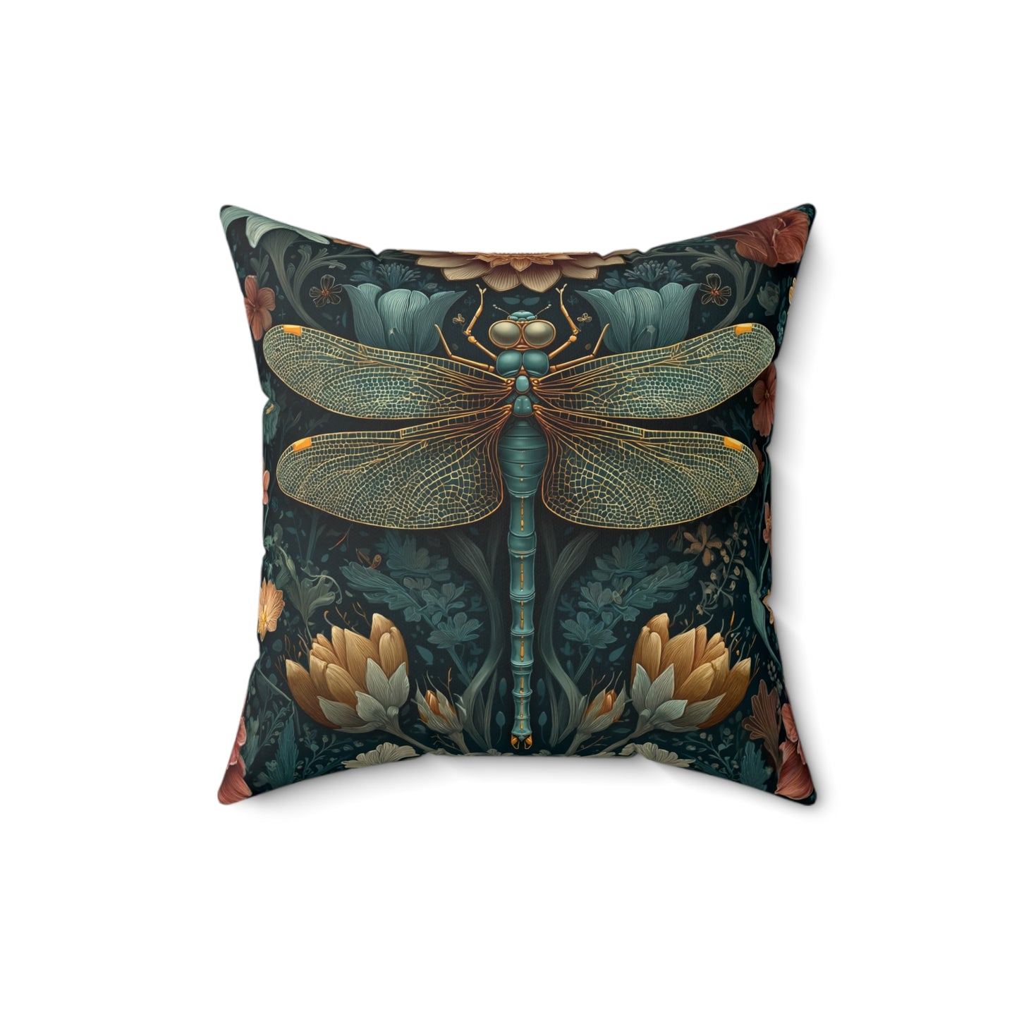 William Morris Inspired Dragonfly Pillow, Teal Botanical Art Nouveau Cushion, Elegant Floral Square Throw Pillow