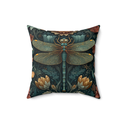 William Morris Inspired Dragonfly Pillow, Teal Botanical Art Nouveau Cushion, Elegant Floral Square Throw Pillow