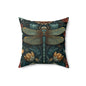 William Morris Inspired Dragonfly Pillow, Teal Botanical Art Nouveau Cushion, Elegant Floral Square Throw Pillow