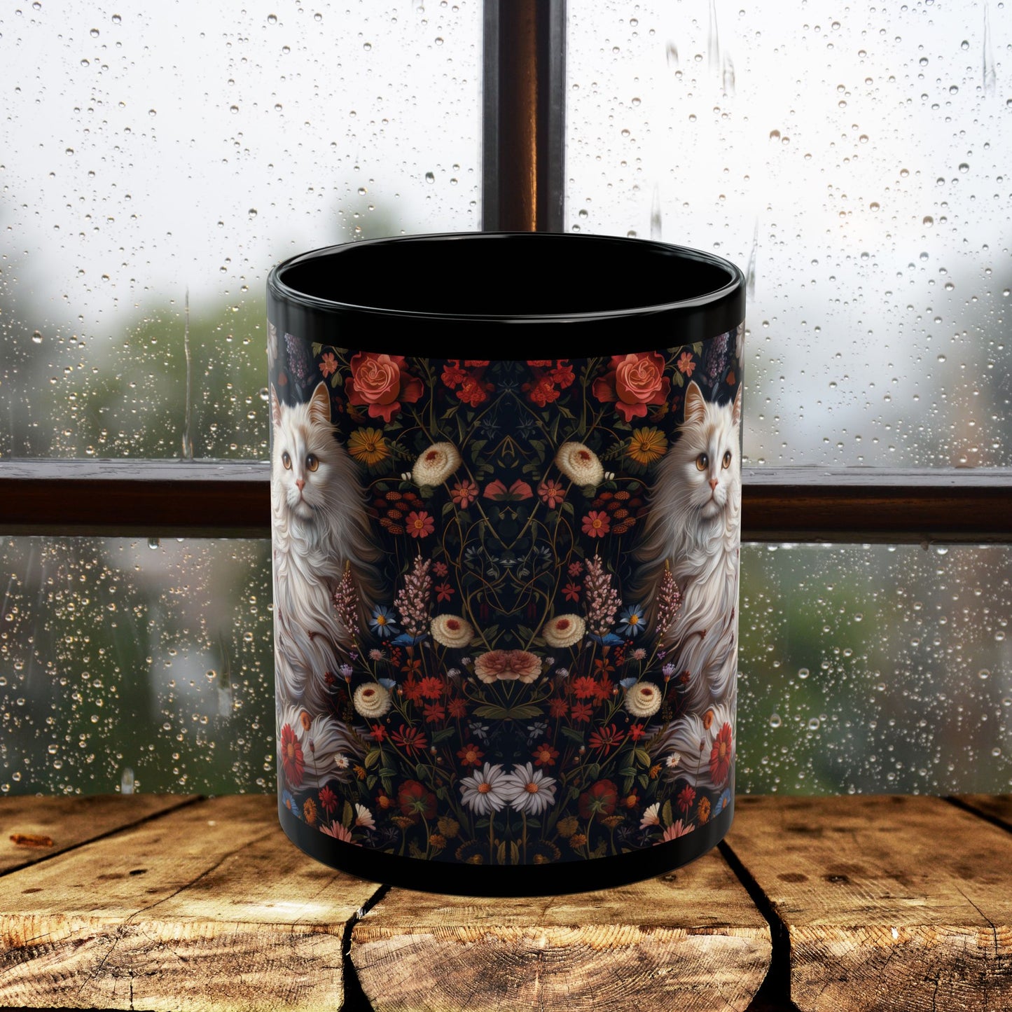 William Morris Inspired White Persian Cat Florals Garden Black Coffee Mug, Cat Lover Gift