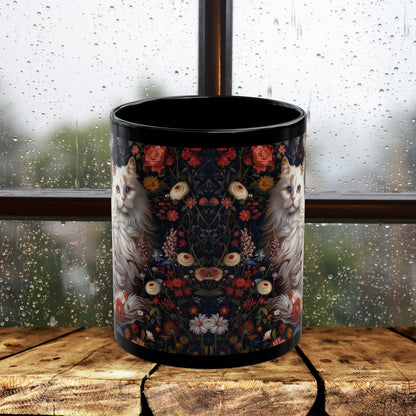 William Morris Inspired White Persian Cat Florals Garden Black Coffee Mug, Cat Lover Gift