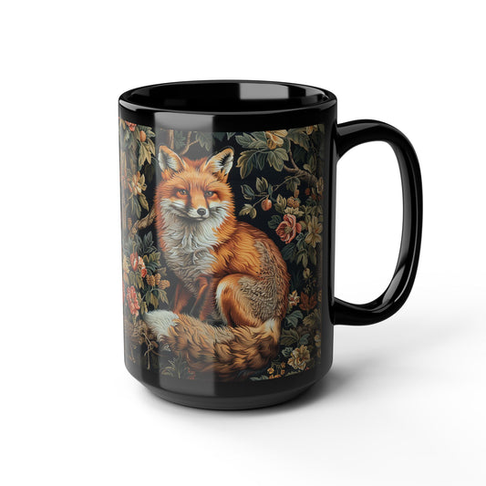 Forest Fox William Morris Inspired | Fox Ancient Black Coffee Mug For Her Him Ceramic Mug Black Mug 11oz, 15oz