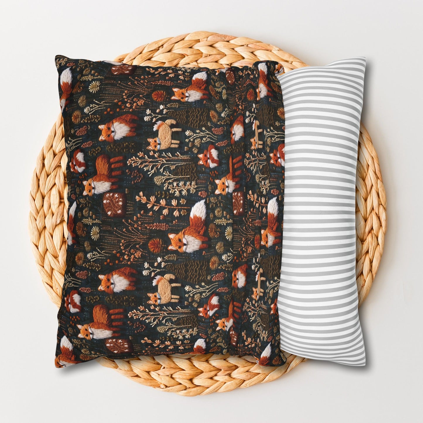 Woodland Foxes Embroidery-Style Pillowcase