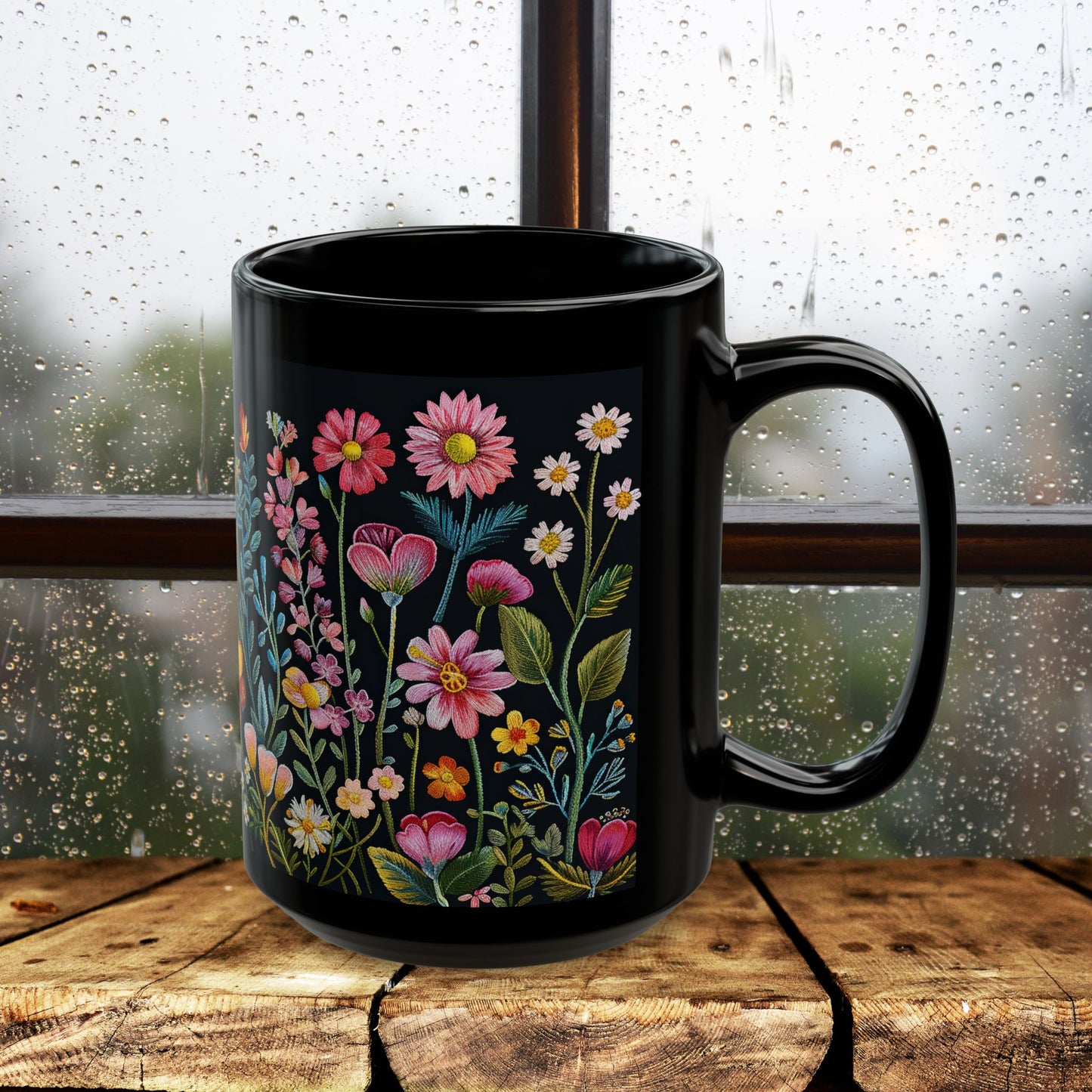 Embroidery Beautiful Wildflowers Black Coffee Mug, Wildflowers Kitchenware Black Mug 11oz, 15oz ,