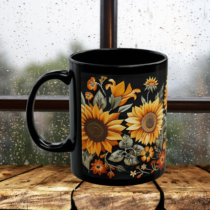 Sunflowers Pattern Embroidery Mug Black Mug (11oz, 15 oz)