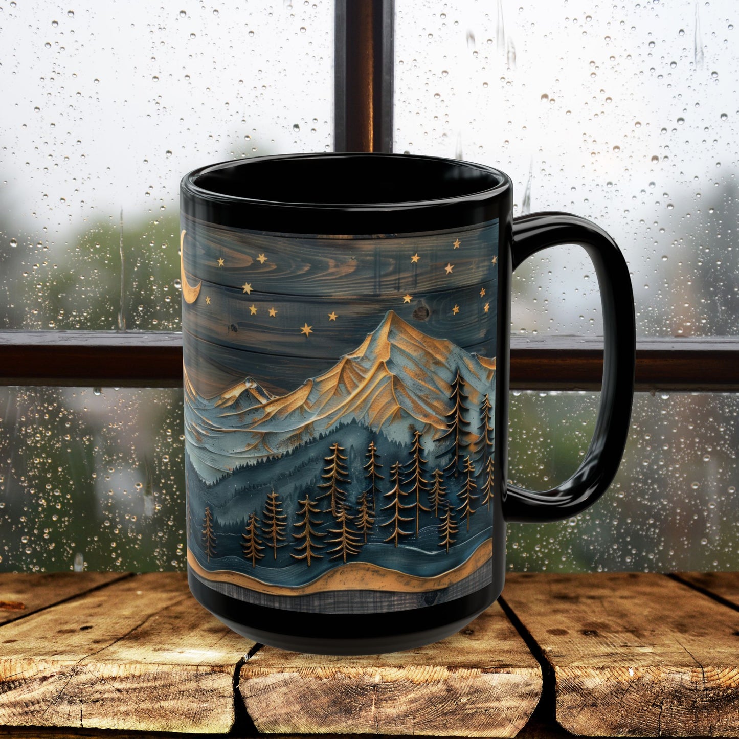 Wooden Crescent Moon Mountain Landscape Black Mug, Winter Carved Wood Art Style Coffee Cup (11oz, 15oz)  Mountain Lover Gift