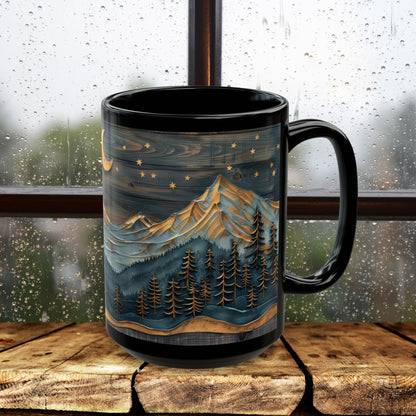 Wooden Crescent Moon Mountain Landscape Black Mug, Winter Carved Wood Art Style Coffee Cup (11oz, 15oz)  Mountain Lover Gift